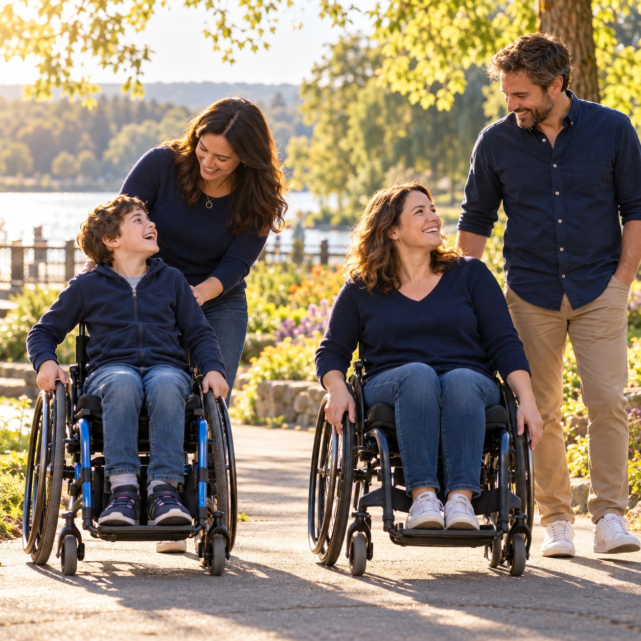 Un enfant et une adulte en fauteuil roulant, accompagnés de leurs proches au parc