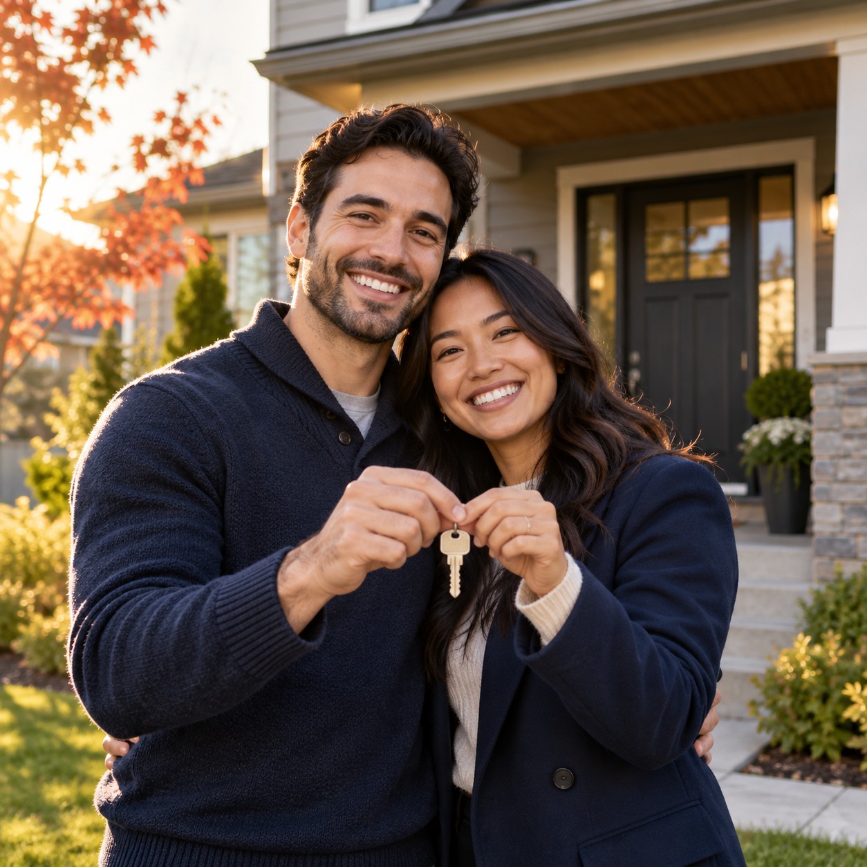 Un couple heureux devant sa première maison